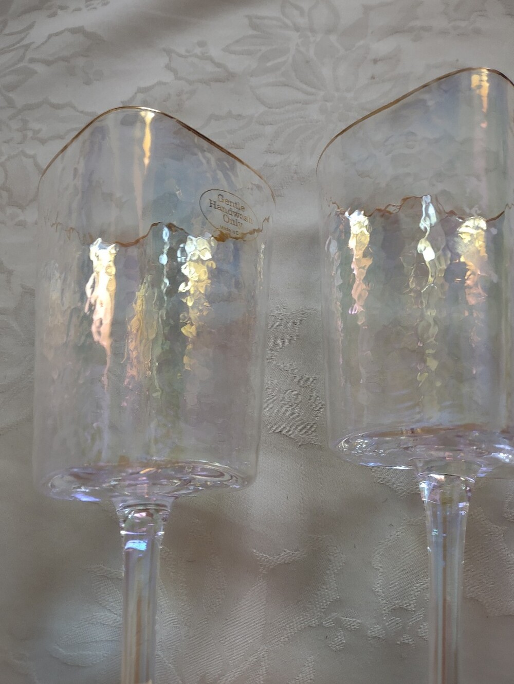 Heart Shaped Lustered Iridescent Tall Stem Glasses Gold Rim Champagne Wine